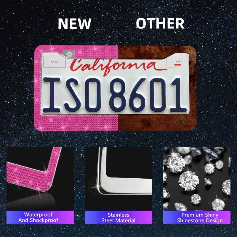 JINGSEN 25PCS Bling Car Parts Set  Car Parts Set Female Plug Universal 15 Inch  Shiny License Plate Frame  Center Console Cover and Rearview Mirror Set and Other Car Accessories(Rose Pink) - Image 3